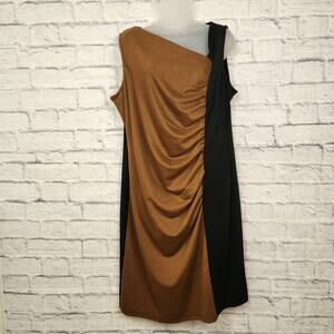 NWT Milano Dress Size XL Asymmetrical Sleeveless Ruching Saddle/Black